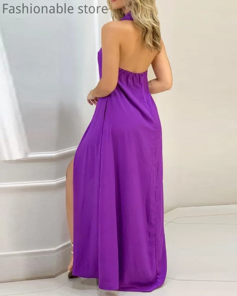 

Женское элегантное однотонное платье Макси OL Style с отложным воротником и открытой спиной