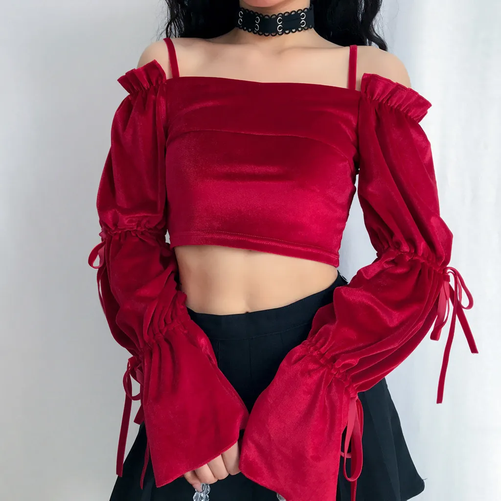 Женская футболка модная с длинным рукавом без бретелек бархатная бандажная для