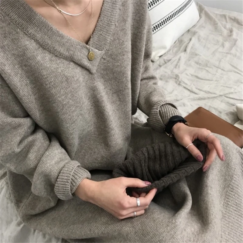 REALEFT 2019 New Korean Sweater Dresses Female Long Sleeve Casual V Neck Loose Knitting Dress Autumn Winter Ladies | Женская одежда