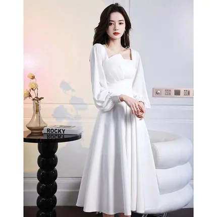

Women Evening Dress White Sexy Strapless Mid-Length Satin Pleated Dresses Bride Wedding Banquet Prom Gown Lantern Sleeve Skirts