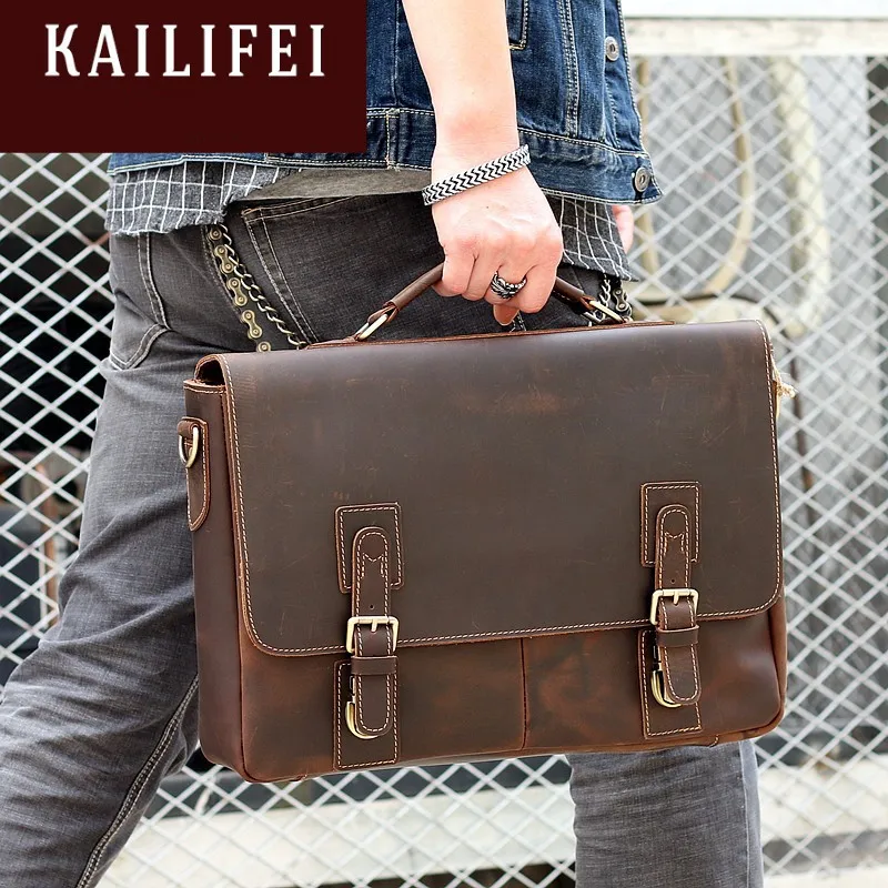 

Luxury Vintage Handmade Crazy Horse Leather Men Business Briefcase Genuine Leather 15.6" Laptop Handbag