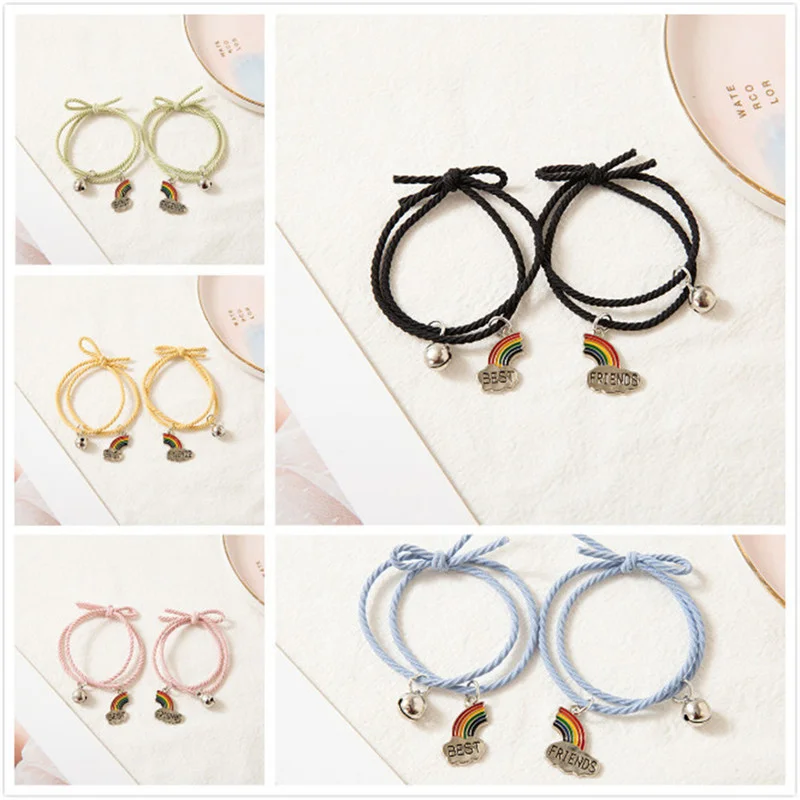 

2 Pieces/set Korean Version of Simple Rainbow Cloud Stitching Bracelet Rainbow Bells Girlfriend Bracelet Couple Elastic Bracelet