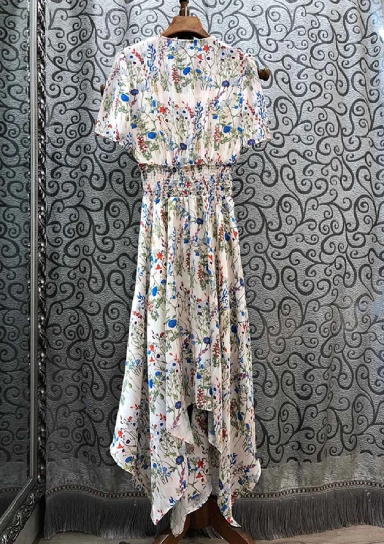 

Quality New Top 2021 Summer Long Dress Women V-Neck Beautiful Flower Print Short Sleeve Casual Sexy Asymmetrical Maxi Dress