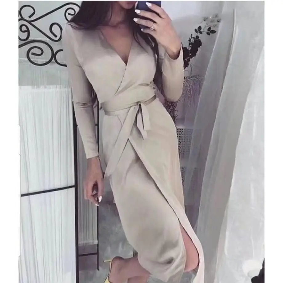 Сексуальное платье с v образным вырезом длинным рукавом для работы разрезом