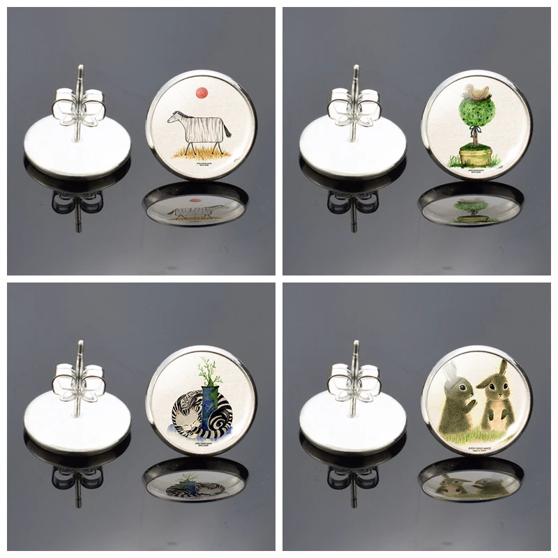 Милые животные серьги гвоздики Кролик кошка олень корова птица лошадь в виде