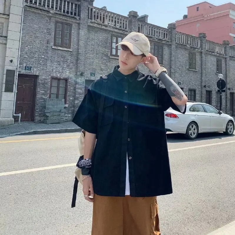 

Short Sleeve Shirt Spring Summer Solid Cargo Shirts Tide Brand Five-point Sleeve Jacket Loose Tops Fashion Casual Male Clothes