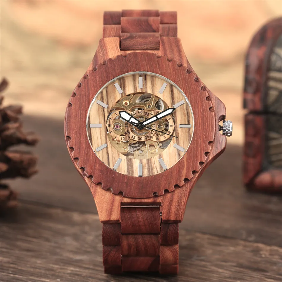 

Gear Wheel Face Red Wood Automatic Mechanical Men Watch Luxury Full Wooden Bangle Male Wrist Watches Self Winding Timepiece