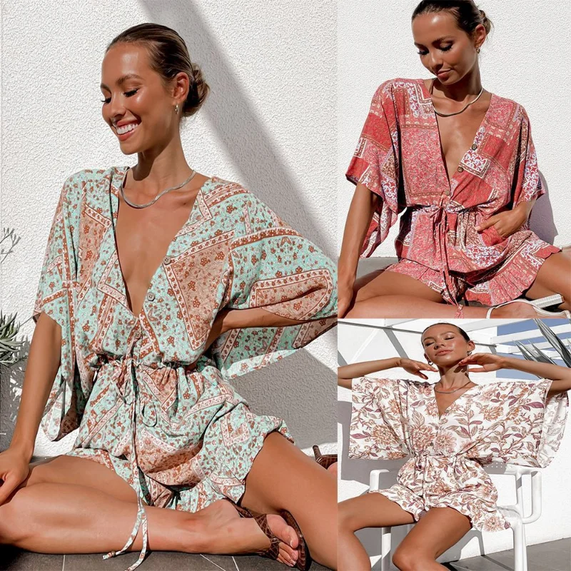 

Women Playsuits For Streetwear Deep V Neck Belt Short Flare Sleeve Floral Print Summer Casual Loose Beach Ruffle Short Jumpsuits