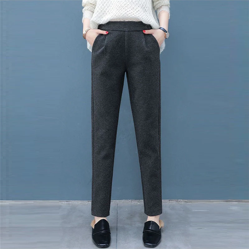 Брюки женские шерстяные эластичные с высокой талией зимние теплые прямые