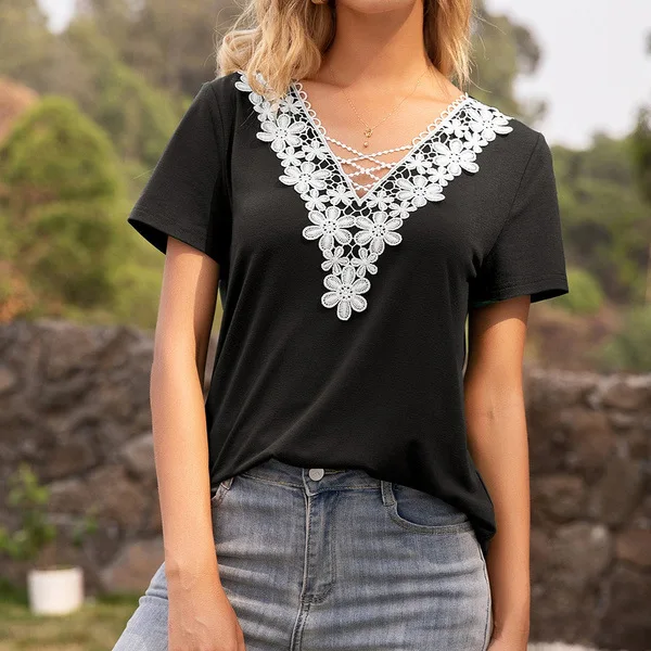 

HAOOHU Spring And Summer Sexy Deep V-neck Hollow Lace Stitching T-shirt Women's Top Women's Shirts For Summer T-shirt women