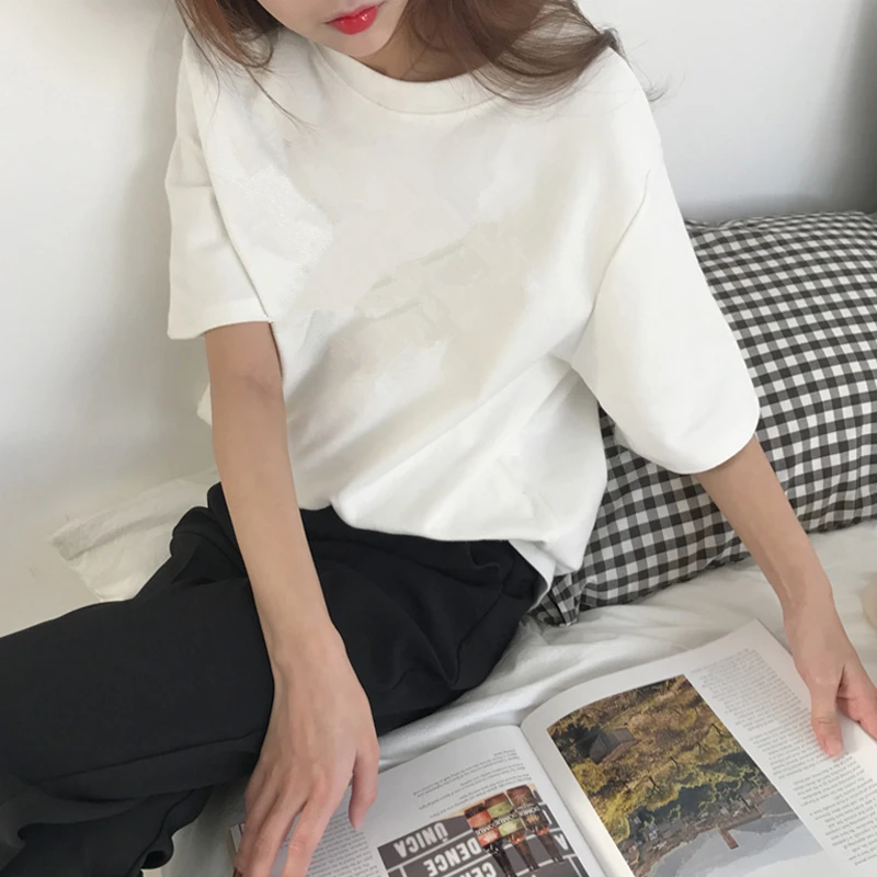 

Summer Solid Color Short Sleeve Women's Loose Student White T-shirt Korean Style Simple Versatile Half