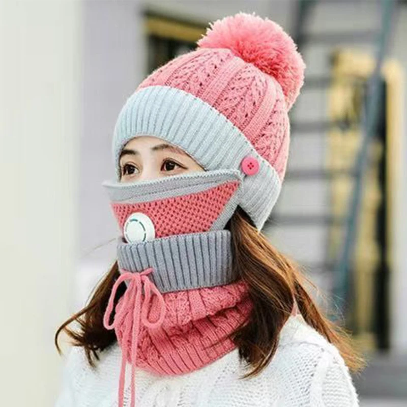 

Winter Knitted Beanie Women's Thickened Warmth With Breathing Valve Round Cap Women's Full Head Cape Outdoor Three-Piece Riding