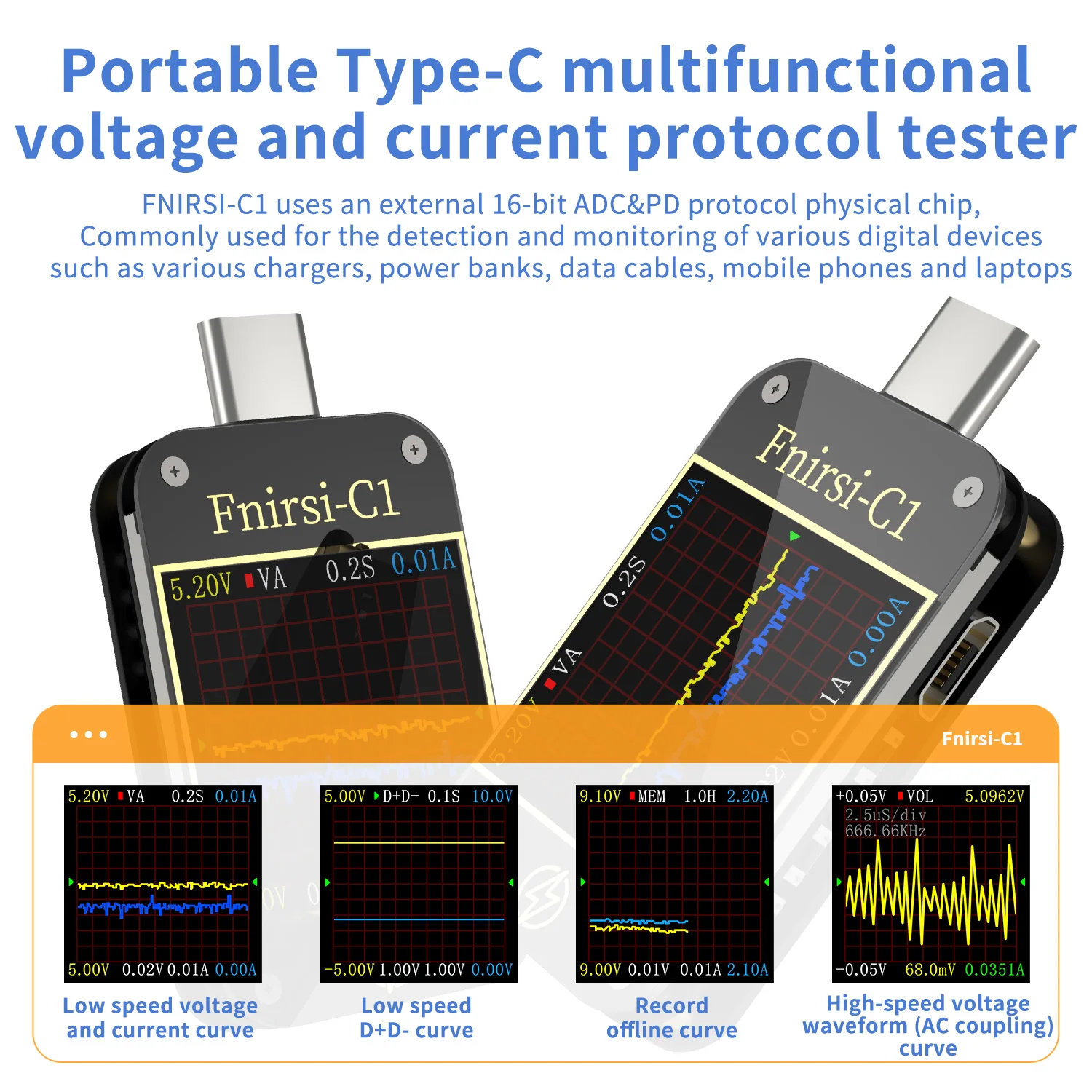 FNIRSI-C1 Type-C PD триггер USB-C Вольтметр Амперметр Тест протокола быстрой зарядки