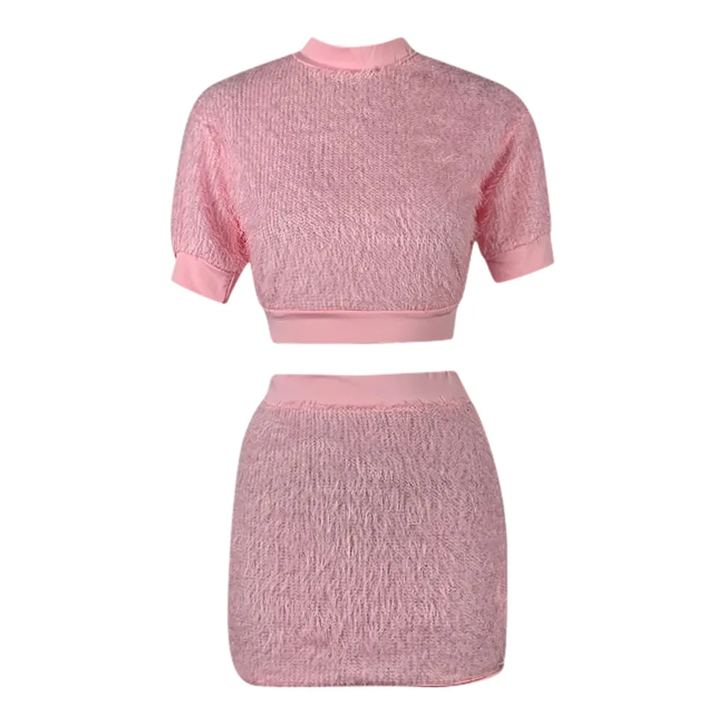 Women Faux Fur Plush Two Piece Set Sexy Crop Tops + Skirt Suit Tracksuit Streetwear Casual 2 Pieces Outfit |