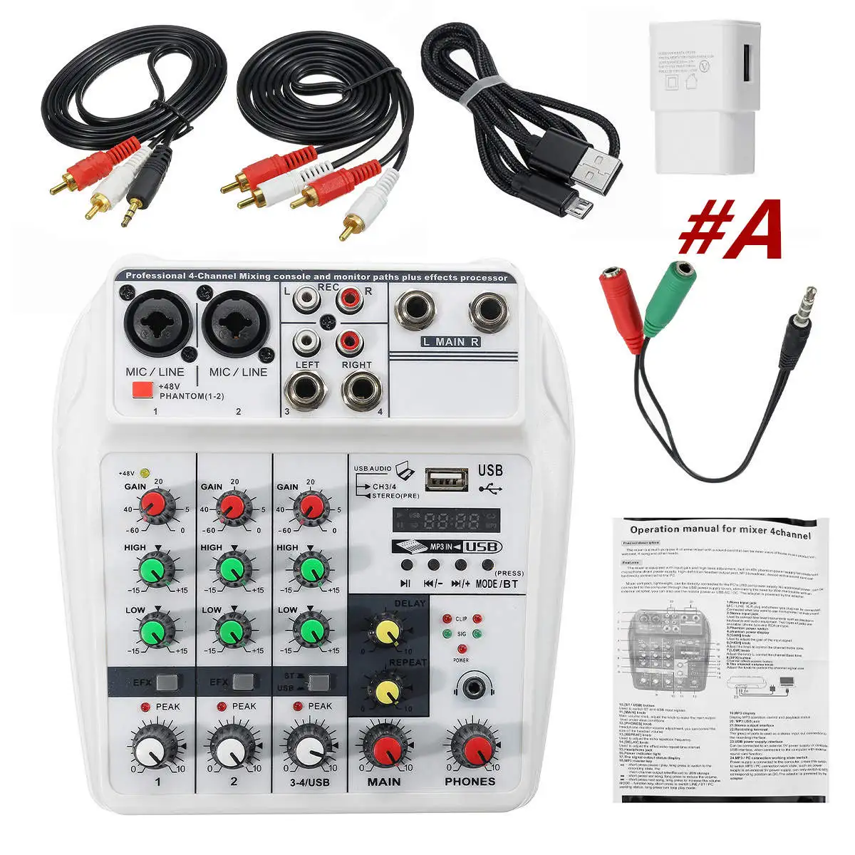 4 Channel bluetooth Sound Mixing Console Record 48V Phantom Power Monitor Professional USB Audio Mixer for Home KTV Studio