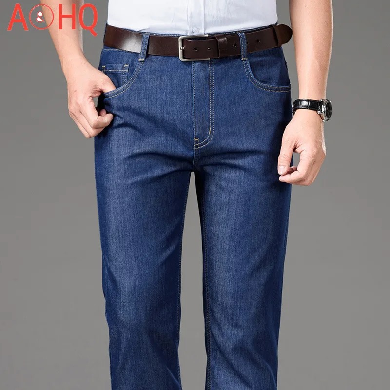 

Ice Silk Summer Thin Denim Jeans Men High Waist Deep Crotch Straight Loose Stretch Mens Jeans pant 2021 Plus Size 40 42