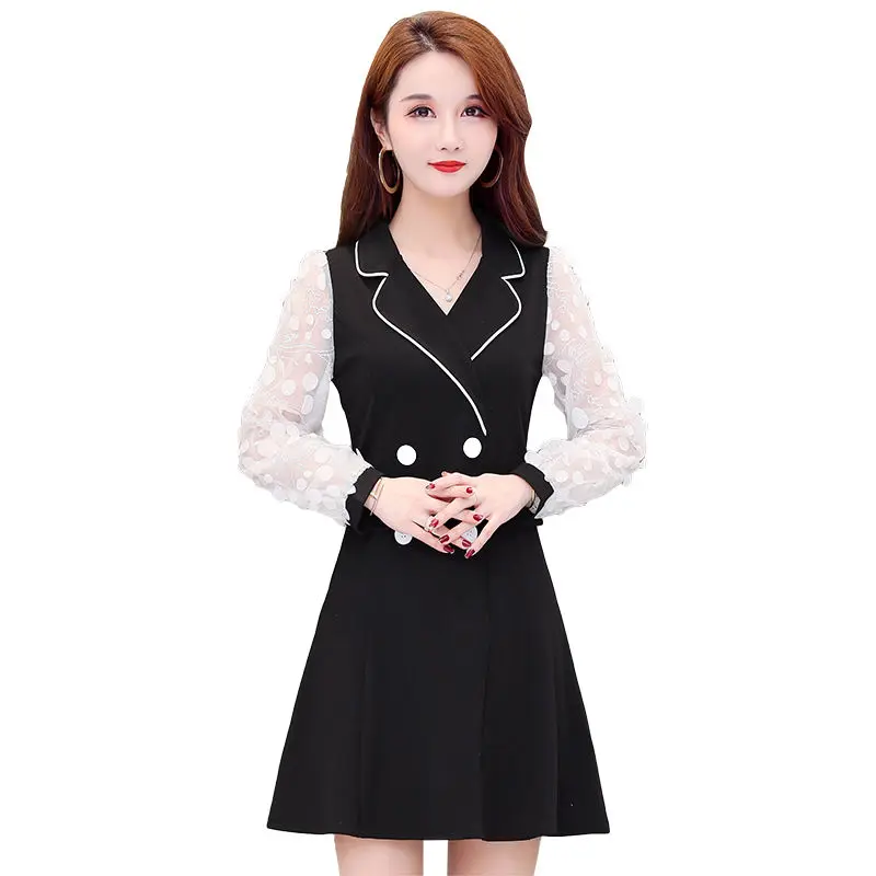 

Women's Spring Autumn Style Dress Women's Ruffles V-neck Puff Sleeve Elegant Patchwork Temperament Slim Dress SS1624