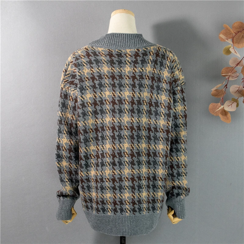 

Oversize Fashion Women 2021 Spring Autumn Winter Plaid Single Breasted Knitted Sweater Cardigans Female Casual Loose Tricot S110
