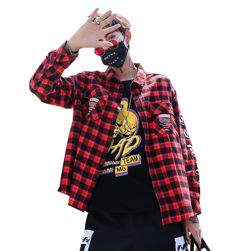 Клетчатая Мужская рубашка роскошная с длинным рукавом в клетку стиле хип хоп