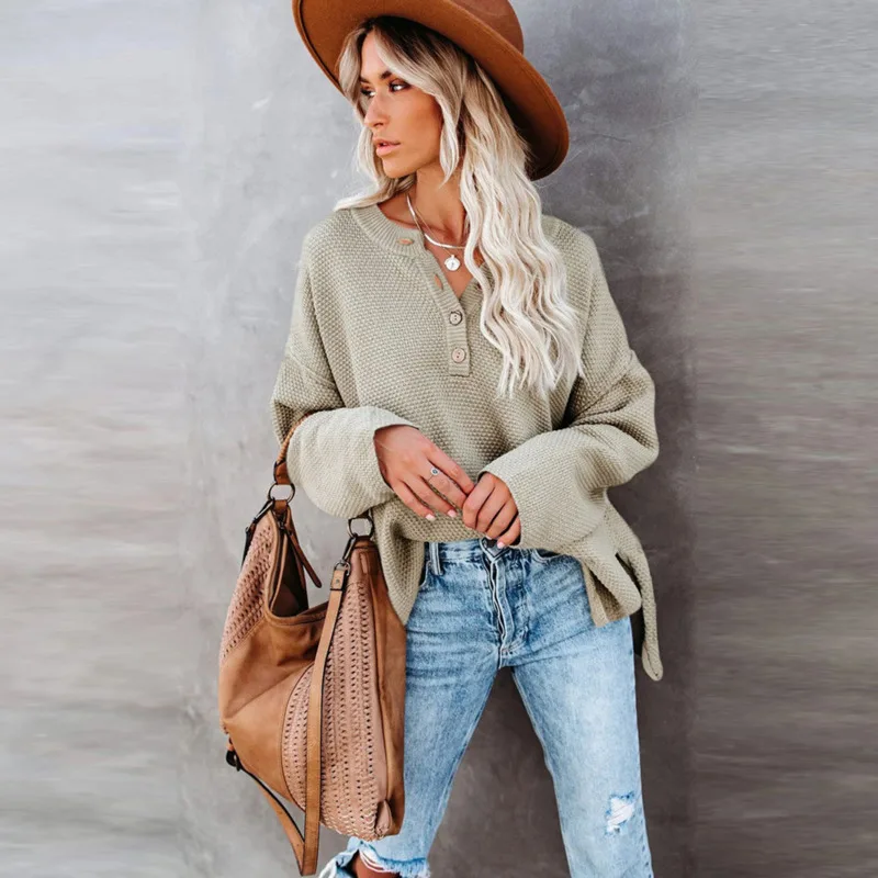 Женский трикотажный свитер с V-образным вырезом и длинным рукавом | Женская