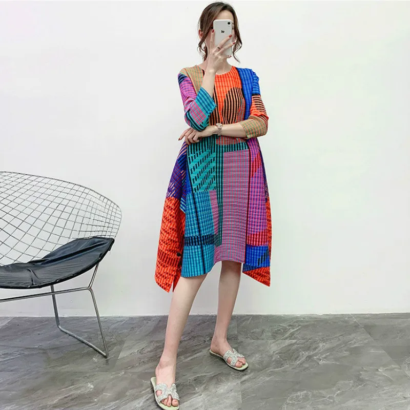 Miyake Pleated Dress Women 2022 New Spring Summer Loose Elastic Casual Irregular Dress For Women 45-75kg Knee Length