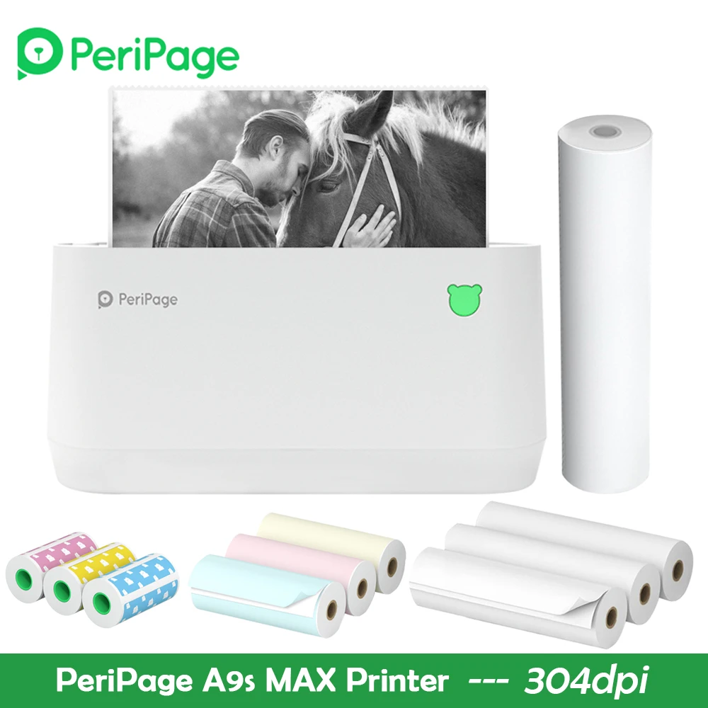 

Мини Портативный фотопринтер PeriPage A9s MAX, 304 точек/дюйм BT, беспроводной термопринтер с поддержкой этикеток 107 мм/77 мм/57 мм, ширина бумаги