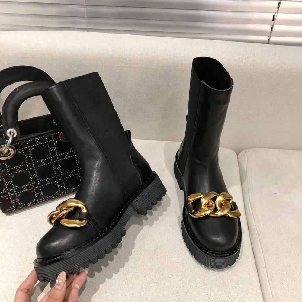 

Big Mental Chain Women Ankle Boots Fashion Genuine Leather Women Martin Boots Platform Wedges Women Combat Short Boots Shoes 40