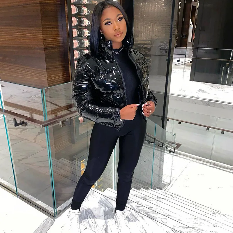 Укороченные топы пузырьковое пальто зимние парки из искусственной кожи теплая