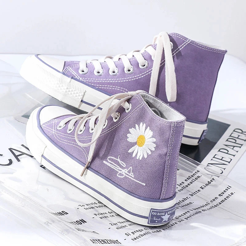 

2021New Fashion Purple High-top Women Canvas Shoes High Quality Women Casual Shoes Canvas Rubber Female Flat Shoes