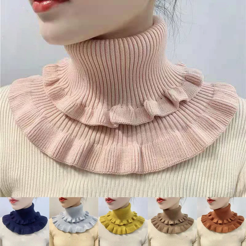 

1PC Women's Fake Collar Neck Guard High-Neck Thicker More Versatile Collar Fall Winter Pure Color High-Stretch Knit Ruffle Bib
