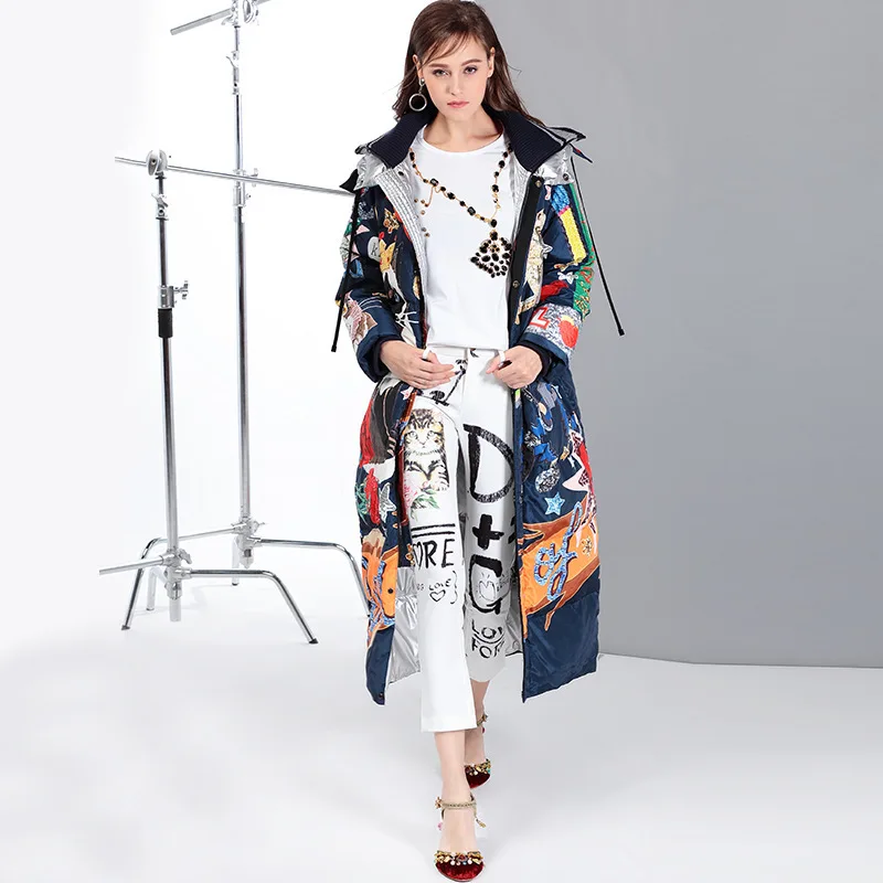 Женские пуховики куртки с принтом в виде мультяшных котов и цветов 2019 Осень-зима