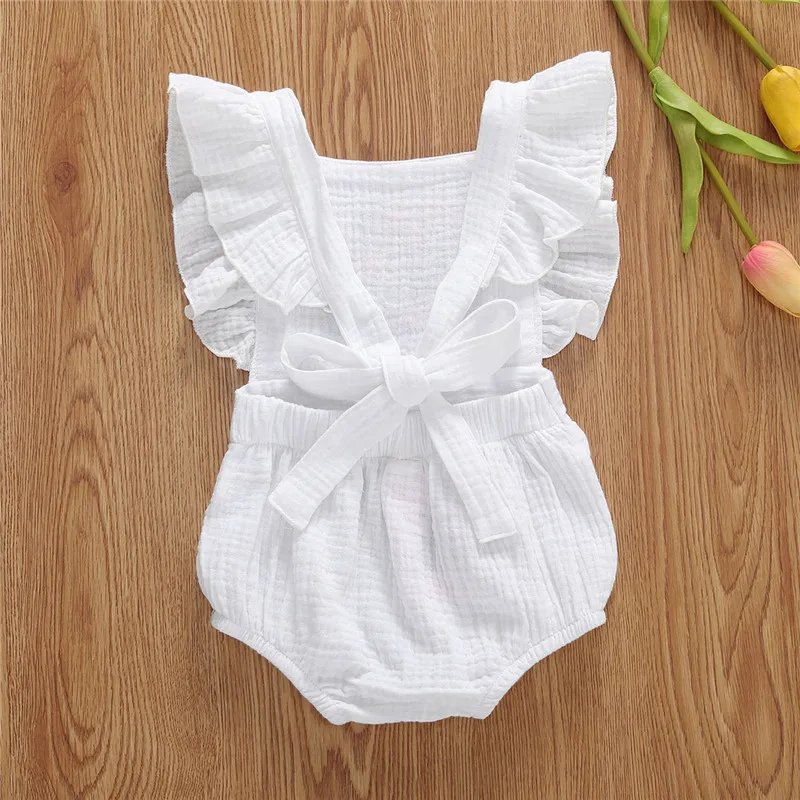 

Newborn Baby Girl Ruffle Bodysuit Embroidered Flower Pattern Jumpsuit Cotton Bodysuit Baby Girls Summer White Sunsuit 0-24M