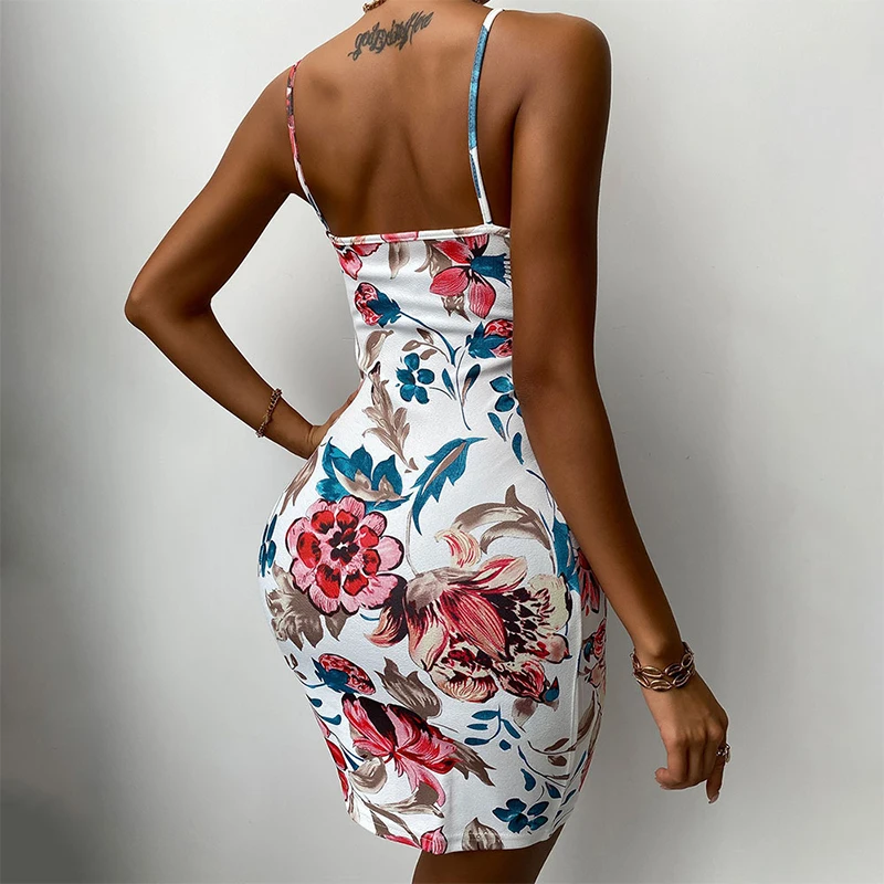 

Women Summer Floral Print Spaghetti Strap Sexy Slim Elegant Mini Dress Bodycon Dress Vestidos