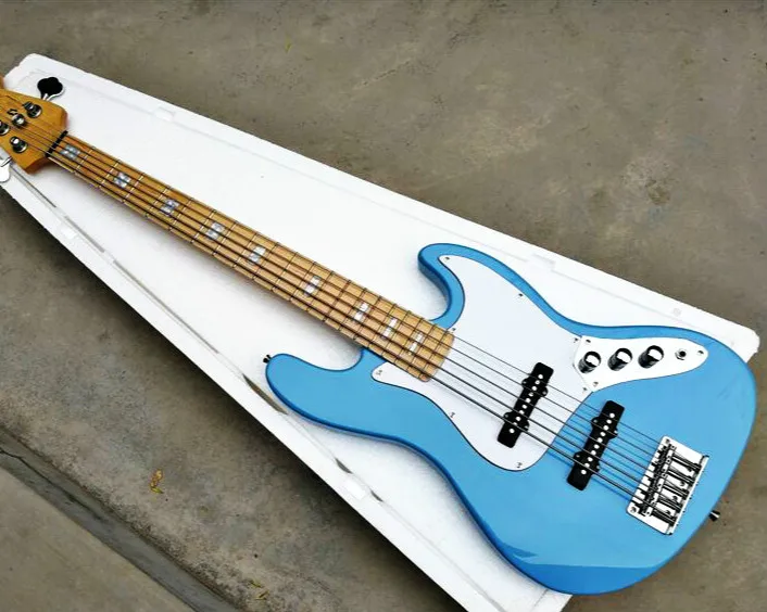 

Top quality FPJB-5003 blue color solid body white pickguard maple fretboard 5 strings Jazz bass, Free shipping