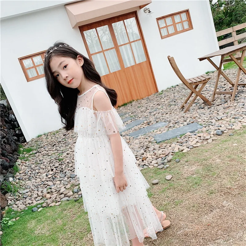 

Starry sky Summer Girl Dress 2020 Summer New Glitter Star Layer Gauze Beach Dresses Baby Clothes 4-15Y E80973