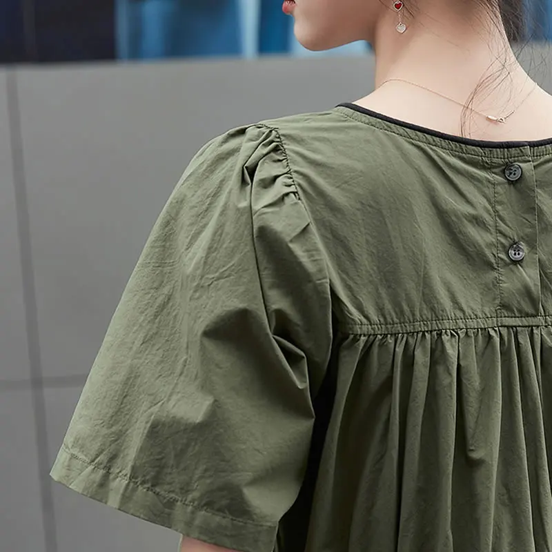 

XITAO Pleated Dress Fashion New Vintage Pullover Pocket Small Fresh 2021 Summer Pleated Solid Color Loose Dress Top ZY6364