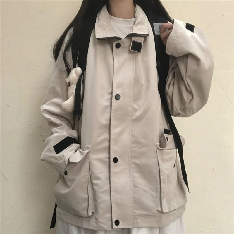 

Winter Japanese women's casual punk streetwear jacket loose pockets long-sleeved hooded big size fashion Vintage Harajuku jacket