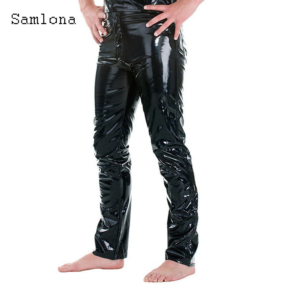 

2021 European and American Style Men's Faux Pu Leather Pants Zipper Trousers Casual skinny Punk Style pants Sexy Mens Clothing
