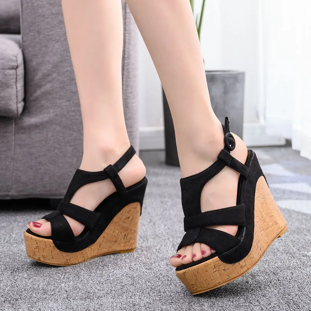 

12cm wood grain heel slope heel fish mouth sandals large slope heel water hollow sandals women's quality sandals
