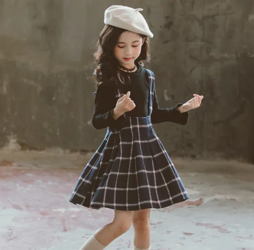 Children Clothing Girls Autumn Set Long Sleeve Shirts + Plaid Straps Dress Suits Two Piece Princess Outfits | Детская одежда и