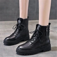 new platform combat ankle boots for women lace up round toe shoes female fashion square heel side zip biker booties black beige