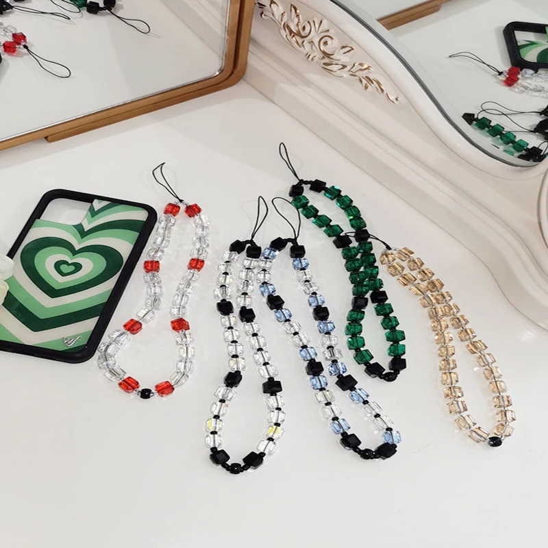 

Ins Crystal Chic Boho Acrylic Phantom Colorful Bead Mobile Phone Chain Handmade Simple Phone Charms Anti-lost Lanyard