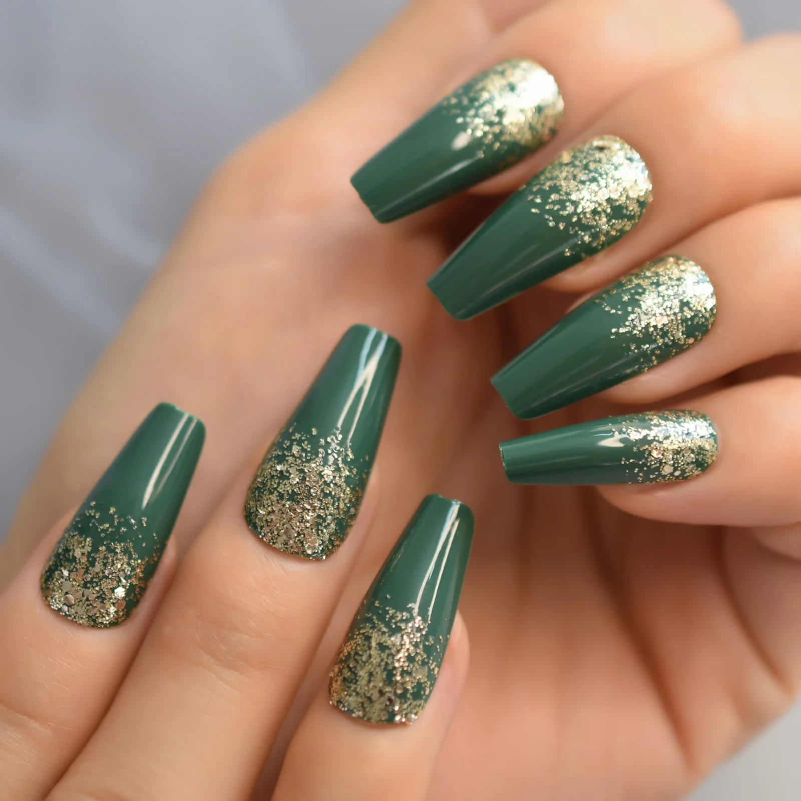 Coffin Fake Nails Set Acrylic Full Cover Press On False Nails Long Dark Green Powder Glitter Decoration Gel Nail Tips