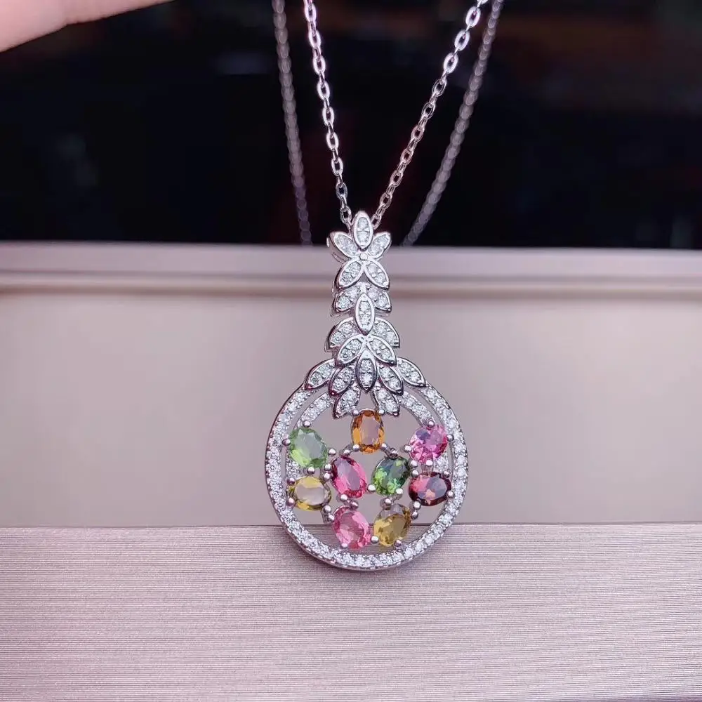 

elegant Wheat spike Natural Multicolor tourmaline necklace pendant S925 silver natural gemstone pendant girl party gift jewelry