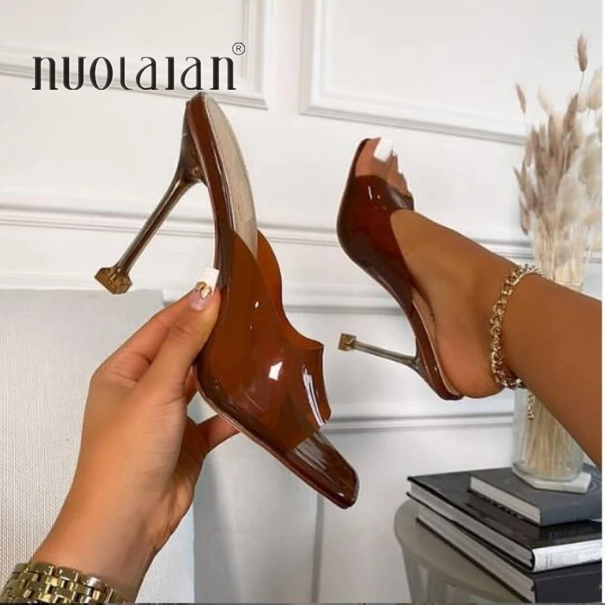 Босоножки женские прозрачные на тонком высоком каблуке сандалии с квадратным