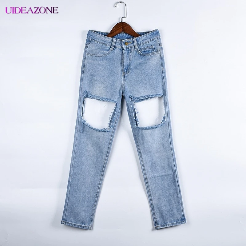 Женские джинсы с высокой талией UIDEAZONE однотонные свободные дырками и карманами