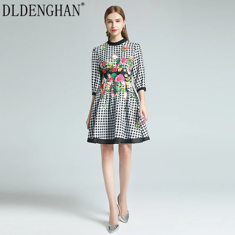 

DLDENGHAN Fashion Floral Print Dress Women's Backless Half Sleeve Stand Collar Plaid Party Dresses Designer Spring New