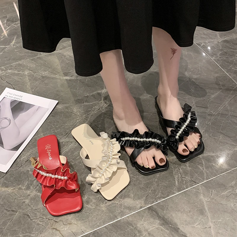

Flat Shoes Female Beige Heeled Sandals Ladies' Slippers Low Square heel Slipers Women Luxury Slides String Bead Black Soft Block