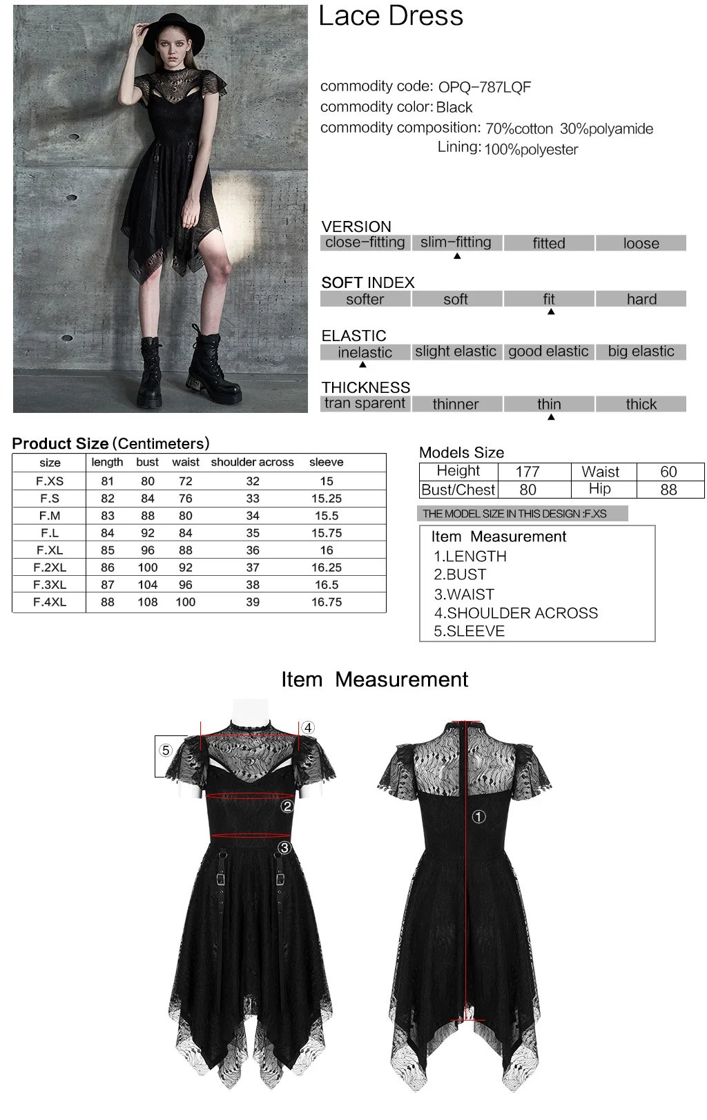 

PUNKRAVE Women's Punk Personality Embroidery Lace Dress Fashion Sexy Hollow-out Breathable Stage Performance Short Sleeve Dress