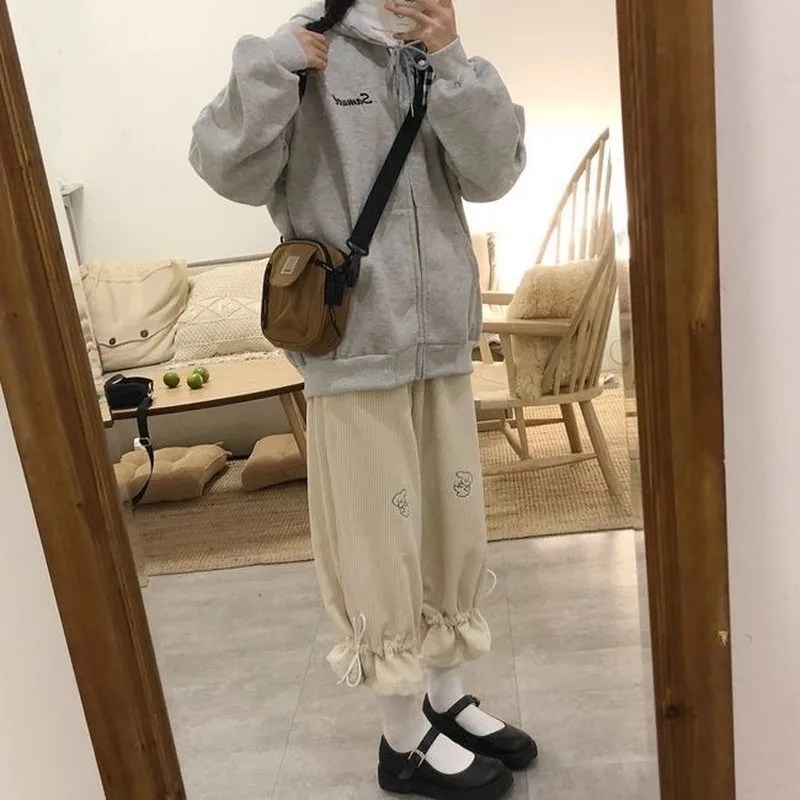 

Women Kawaii Soft Girl Style Corduroy Pants Women Harajuku Cartoon Pants Spring Beige High Waist Loose Pants Casual Trousers